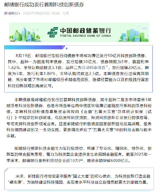 欧维策略 邮储银行发行50亿元首期科技创新债券